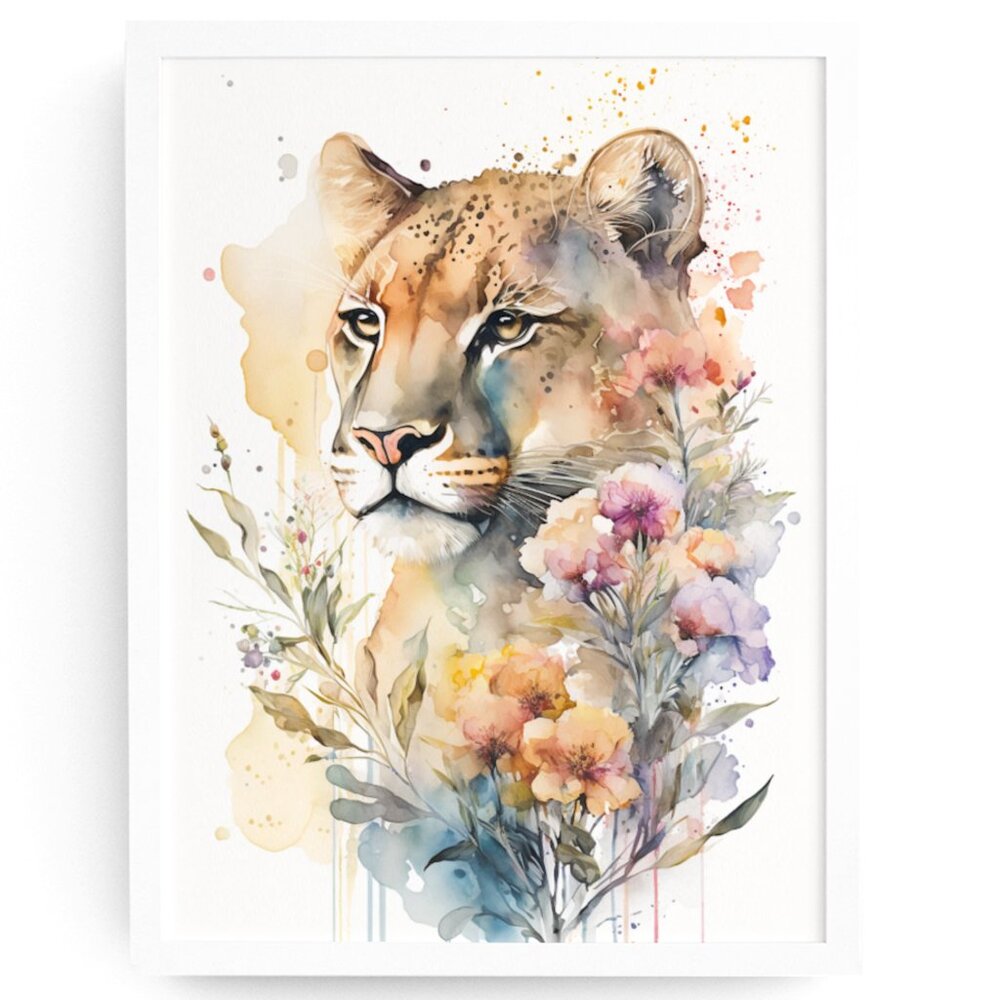 Cute Floral Lioness Watercolor Wall Art Illustration Print Poster Card Unframed
